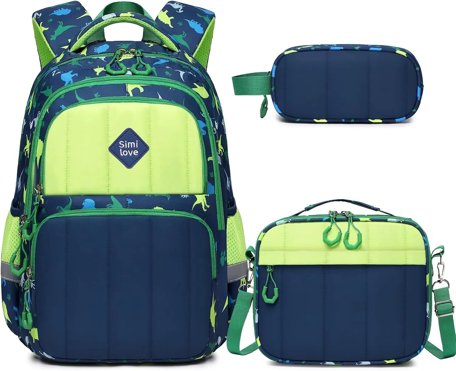 Toddler Backpack for Boys 5-8,Quilted Kids Backpack with Lunch Box & Pencil Pouch,15inch Boys Bookbag Daypack for Preschool Kingdergarten Elementary School Daycare (Green Dinosaur)