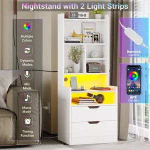 Sikaic LED Tall Nightstand with Bookshelf Charging Station White Side Table Dresser Bedside Cabinet RGB LED Light Strips & Storage Drawers