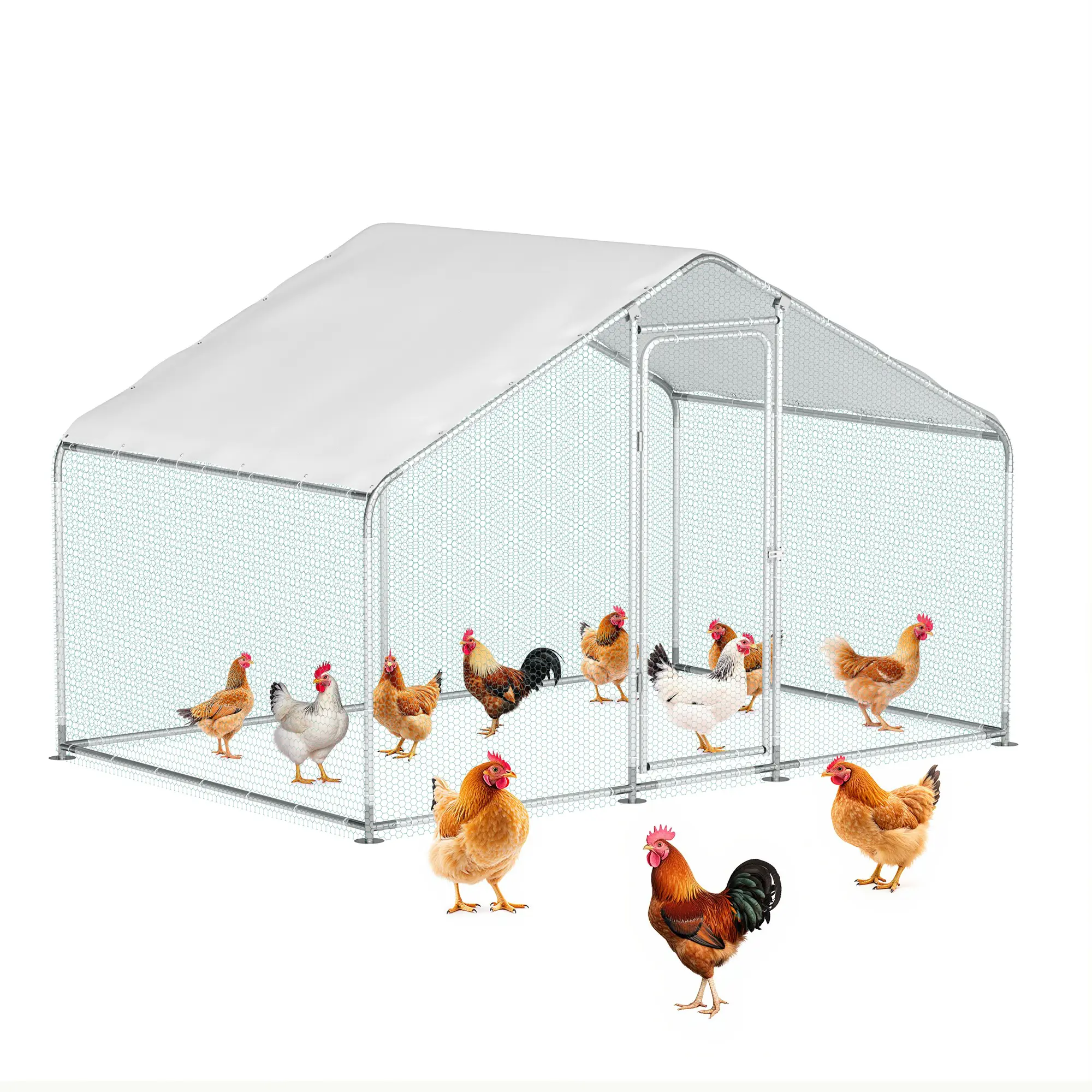 Large Metal Chicken Run, 10' x 6' x 6' Chicken Coop with Lockable Door Spire Shape Walk-in Chicken Hen House with Waterproof & Anti-UV Cover for Duck Rabbit Habitat Cage Outdoor Poultry Cage for Yard Farm