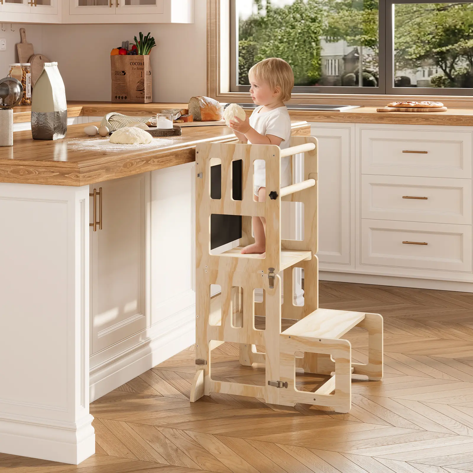 4-in-1 Convertible Montessori Toddler Tower - Anti-Tip Safety Wooden Step Stool, Kitchen Helper, Storage Bench Desk, Art Easel