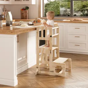 Convertible 4-in-1 Toddler Tower | Montessori Kitchen Helper Stool, Desk & Art Easel  Anti-Tip Safety Design Wooden Storage Bench Footstool With Storage