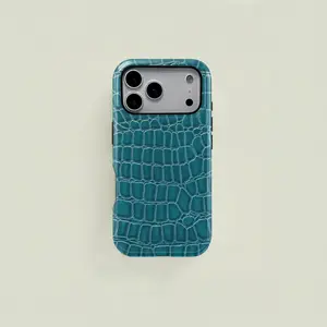 Luxury Crocodile Texture Retro Cyan Leather Aesthetic Durable 2-in-1 Heavy Duty Protection for iPhone 17 16 15 14 13 12 Pro Max phone case - High-End Gift for Men and Women outdoorfun