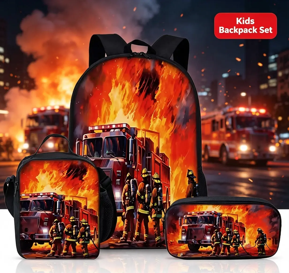 Three-Piece Set of Black Backpack with Fire Truck And Firefighter Extinguishing Fire Prints, for Teenager, For Teenager