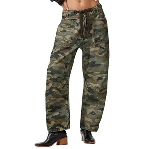 Womens Barrel Jeans Wide Leg Mid Rise Camo Cargo Pants Casual Y2k Baggy Denim Trousers Trendy Streetwear