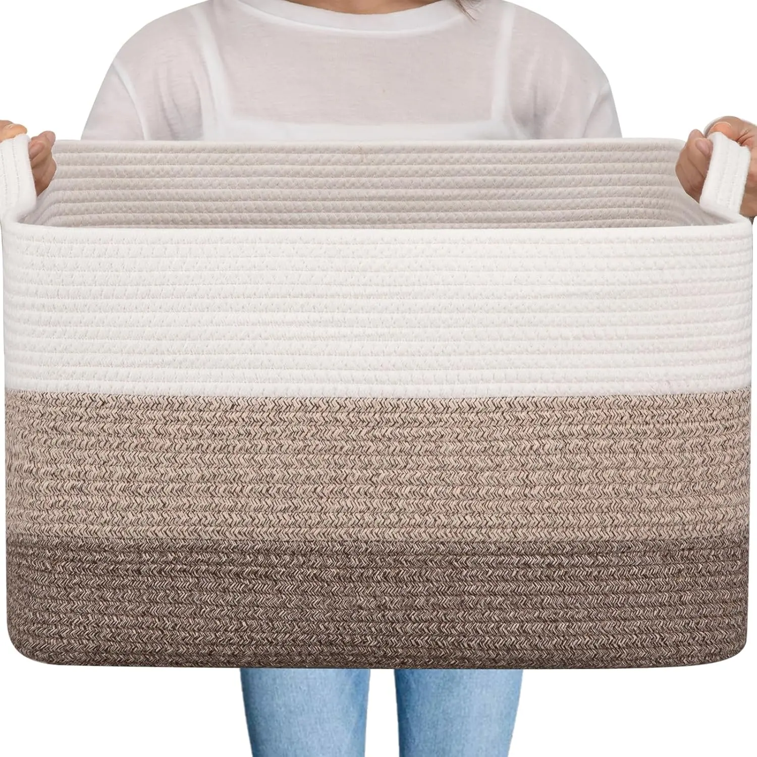 Hand Sewn Cotton Rope Woven Rectangle Storage Basket - 20In*16In*12In/20x16x12" Gradient Brown & Black Washable Home Organizer for Clothes, Household Items, Blankets, Bathroom Essentials