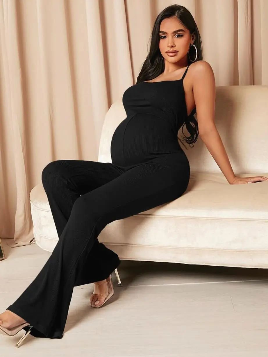Maternity Flare Leg Cami Jumpsuit, Solid Color Stretchy Romper for Elegant Pregnancy Outfits