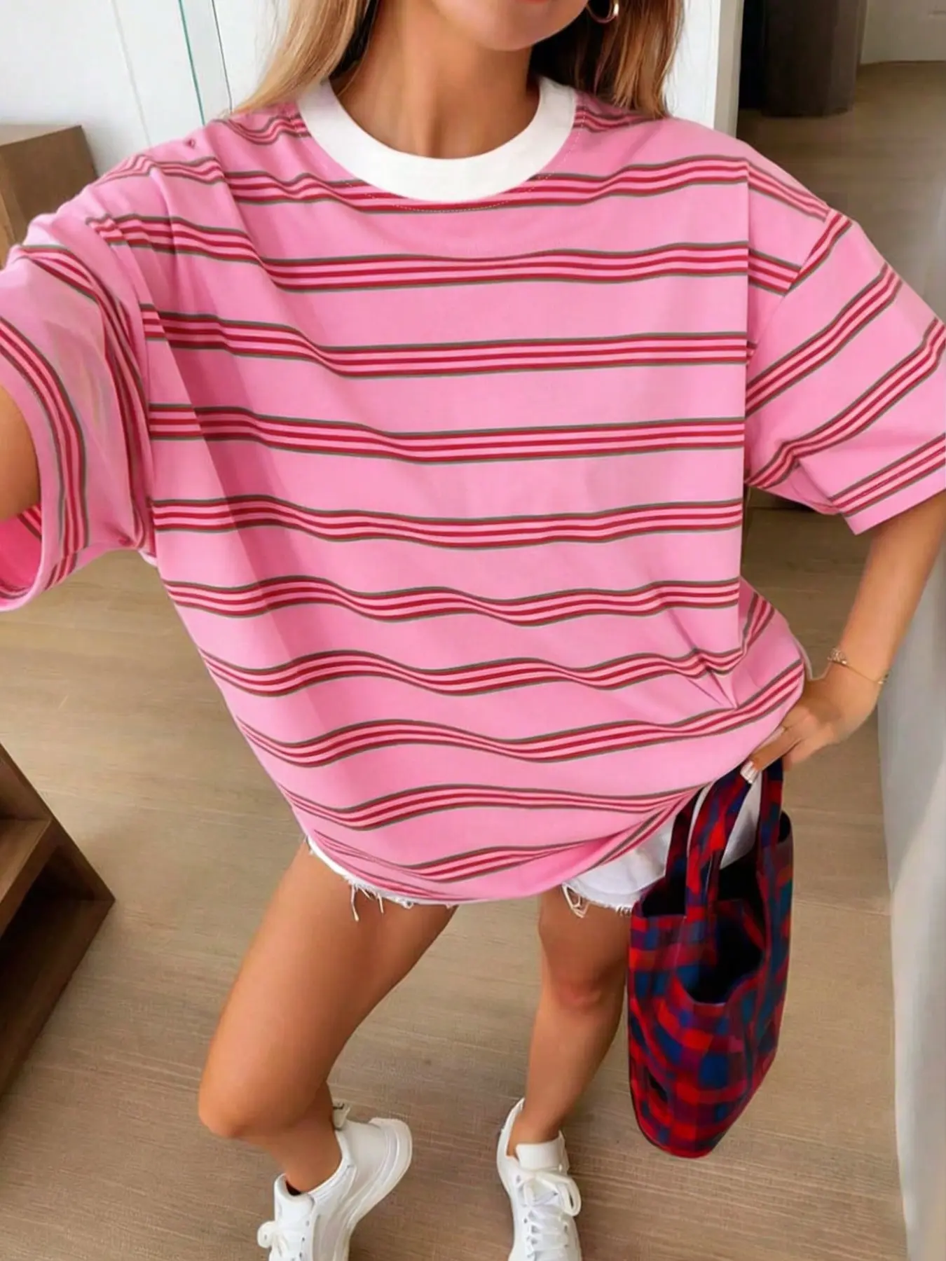2026 Summer New Korean Style Streetwear Striped Loose Baggy Short Sleeve T-Shirt for Women, Casual Cute Oversized Top, Breathable Cotton, Trendy, Soft and Comfortable, Lady