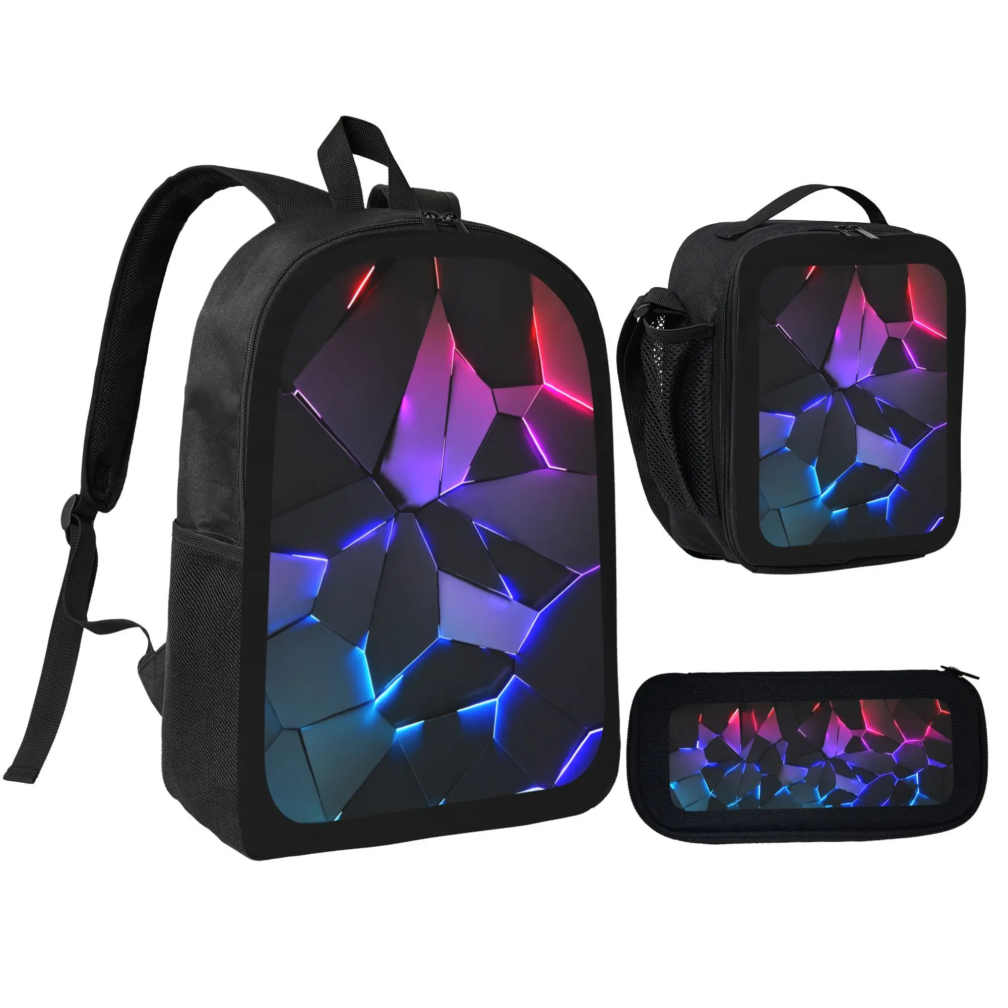 600D Oxford Neon Geometric Crack Backpack Set, 3 In 1 School Backpack + Insulated Lunch Bag + Pencil Case, Cyberpunk Glow Print School Supplies For Teen Boys
