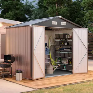 【2 Packages Shipping】Aoxun 7.4x5.3FT Shed with Floor Galvanized Steel Outdoor Storage Shed Metal Garden Shed with Double Doors, 15mm Moisture-Proof Floor & Ventilation, Sloped Roof for Bike/Generator/Tool Storage (Brown)