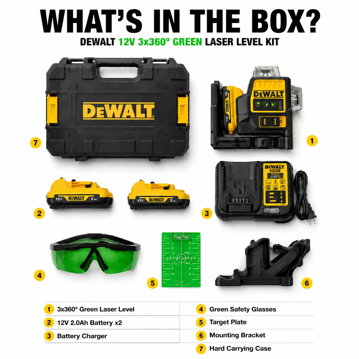 DEWALT DW089LG 12V MAX 3x360 Green Laser Power Tool Set - Complete Kit with Case, Bracket, Battery - Jobsite Accuracy