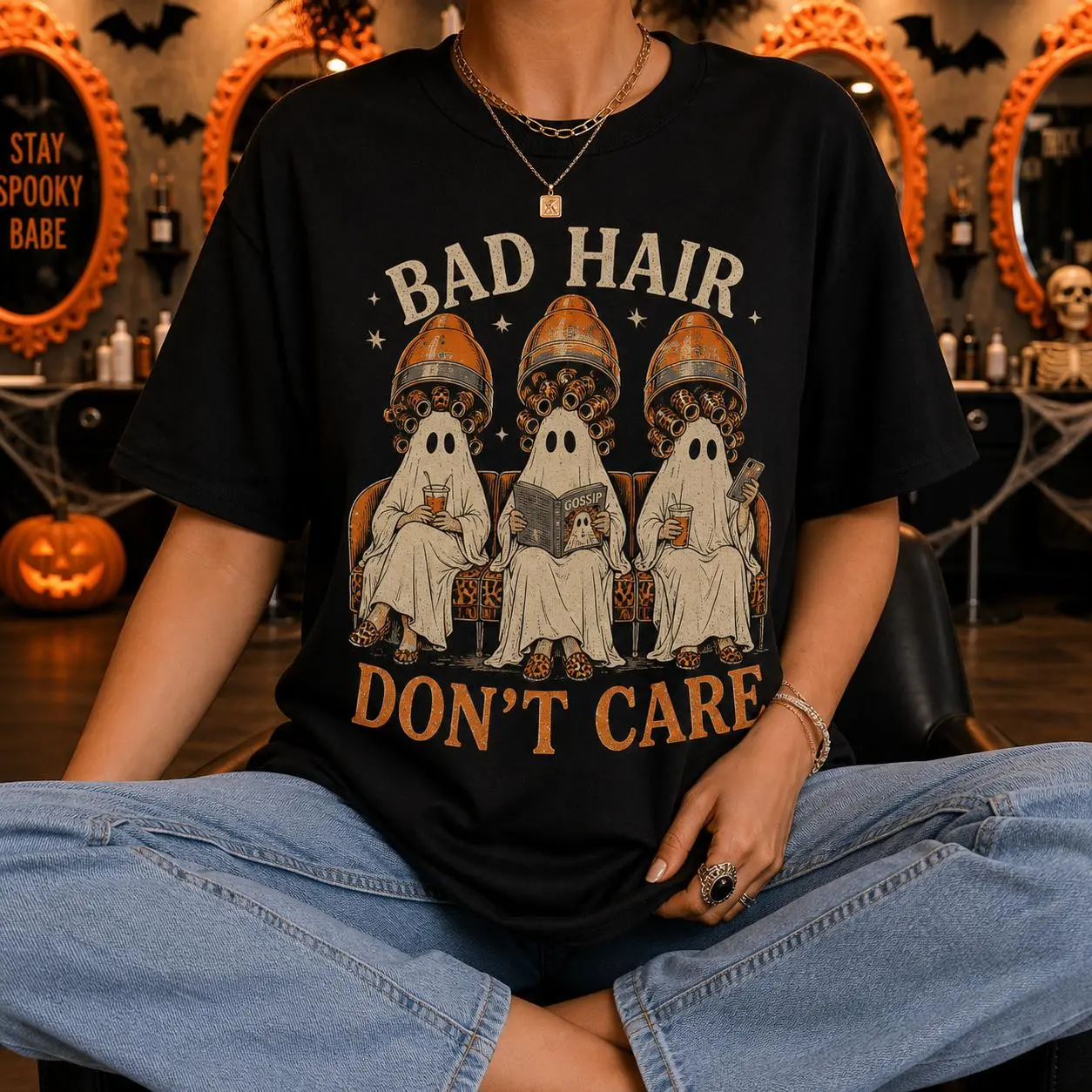 Bad Hair Dont Care Stylist Tee Salon Ghost Halloween Graphic T-Shirt for Women