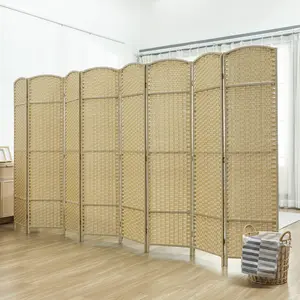 8 Panel Folding Room Divider – Beige. 5.6' Tall Freestanding Partition. Hand-Woven PP (Water Repellent + Tear-Resistant). Pine Frame + Arched Top