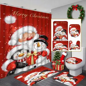 Christmas Shower Curtain Set with Santa Penguin Snowman Design, Includes Hooks, Bath Mat, Toilet Lid Cover, U-Shaped Tray, Perfect Gift