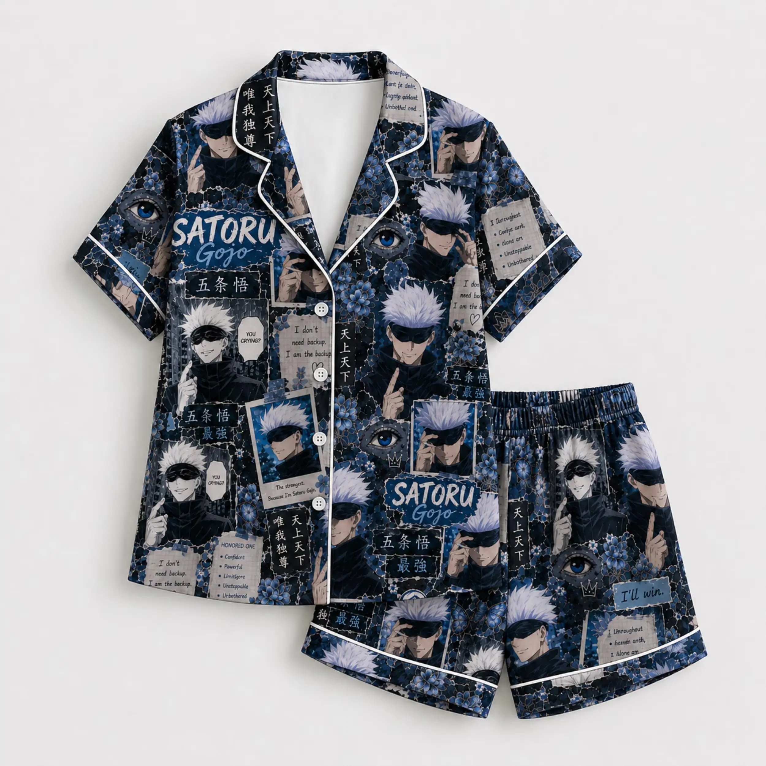 Satoru G0jo Jujutsu Kai.sen Anime Long & Short Sleeve Pajamas Blue Manga Collage Sleepwear Lounge Set Lightweight