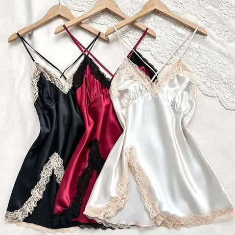Women's Chic 3PCS Lacy Trim Sleep-Friendly Nightdresses Pajama Set - Black+White+Winered, V-Neck Cutout Backless Slip with Side Split, Soft Polyester-Elastane Blend All-Season Sleepwear