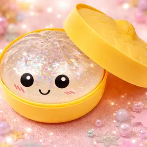 Glitter Dumpling Squishy Toy, Cute Steamed Bun Fidget, Rainbow Stress Relief Toy with Steamer Box, Sensory Squeeze Toy, Kawaii Desktop Decor