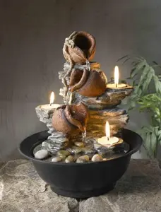 212 MAIN Mini Pot Tabletop Fountain with Tealight, Nature Rock Design, Removable Bowl, Pet Feeding Accessory, Home Decor Gift Item