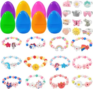 12 Pack Prefilled Easter Eggs with 24pcs Bracelets Rings Easter Basket Stuffers Easter Egg Fillers for Girls Party Favors Kids Toddler Easter Presents
