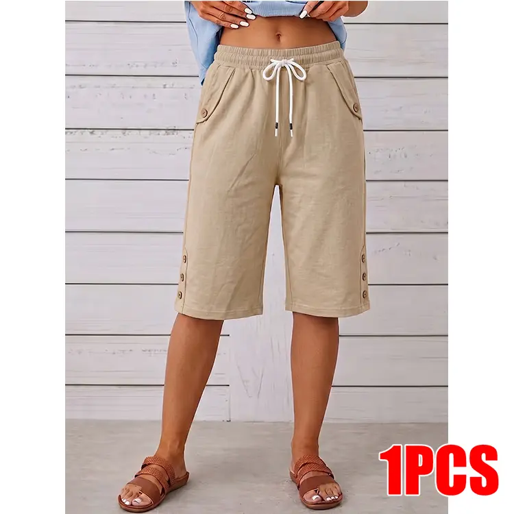 Women&rsquo;s loose Bermuda shorts with an elastic waistband and drawstring design, casual knee-length length, featuring decorative buttons for comfortable everyday wear.