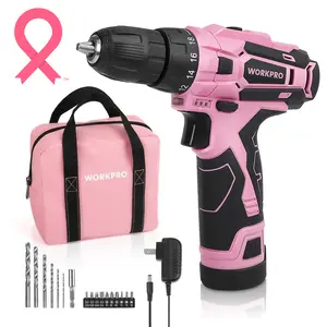 #fathersdaygift WORKPRO Pink Cordless Drill Driver Set, 12V Electric Screwdriver Driver Tool Kit, 3/8" Keyless Chuck, Charger and Storage Bag Included - Pink Ribbon