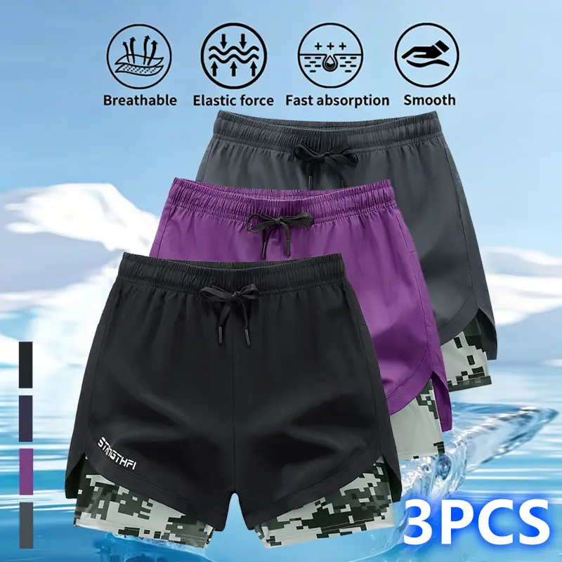 3-pack men’s casual athletic shorts, double-layer anti-exposure design, elastic drawstring waist — breathable fabric, quick-drying moisture-wicking, camouflage inner layer. Suitable for gym, running, beach, and outdoor training. Available in multiple colo