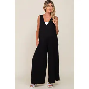 Black Deep V Sleeveless Wide Leg Maternity Jumpsuit