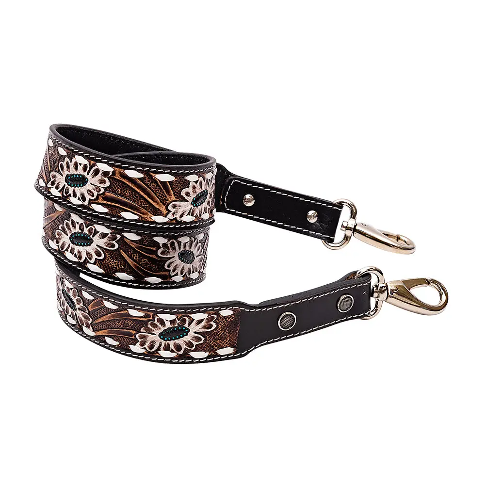 Hand-Tooled Leather Carry Strap, Classic Scroll and Prairie Blossom Pattern with Scroll Edge Stitching - 1.5" Casual Bag Strap, Hand-Tooling, Casual Bag Straps