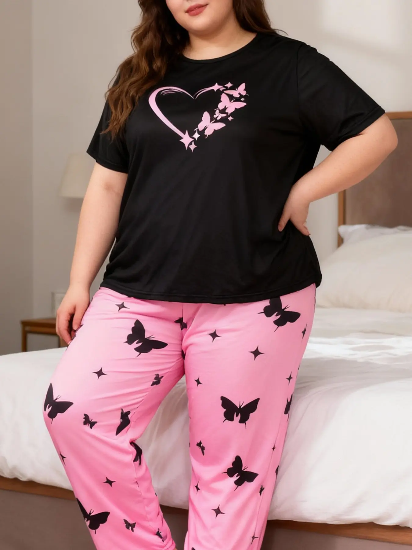 Women's Plus Size 2-Piece Pajama Set, Casual Loose-Fitting Butterfly Print, Short Sleeve Long Pants, All Seasons Home Wear, Loungewear, Nightwear, Pjs, Homewear, Top