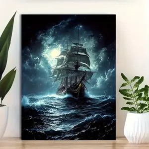 1 Piece Framed Canvas Print Wall Art - 30.48x 40.64cm Stormy Sea Under Moonlight Flying Dutchman Pirate Ship, Modern Nautical Style Decoration with Dramatic Clouds and Lightning, Ready-to-Hang Home Office Living Room Bedroom Wall Art, Colorful 2D Flat Pat