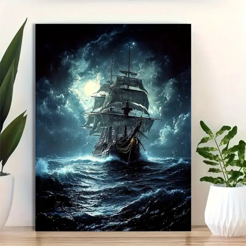 1 Piece Framed Canvas Print Wall Art - 30.48x 40.64cm Stormy Sea Under Moonlight Flying Dutchman Pirate Ship, Modern Nautical Style Decoration with Dramatic Clouds and Lightning, Ready-to-Hang Home Office Living Room Bedroom Wall Art, Colorful 2D Flat Pat