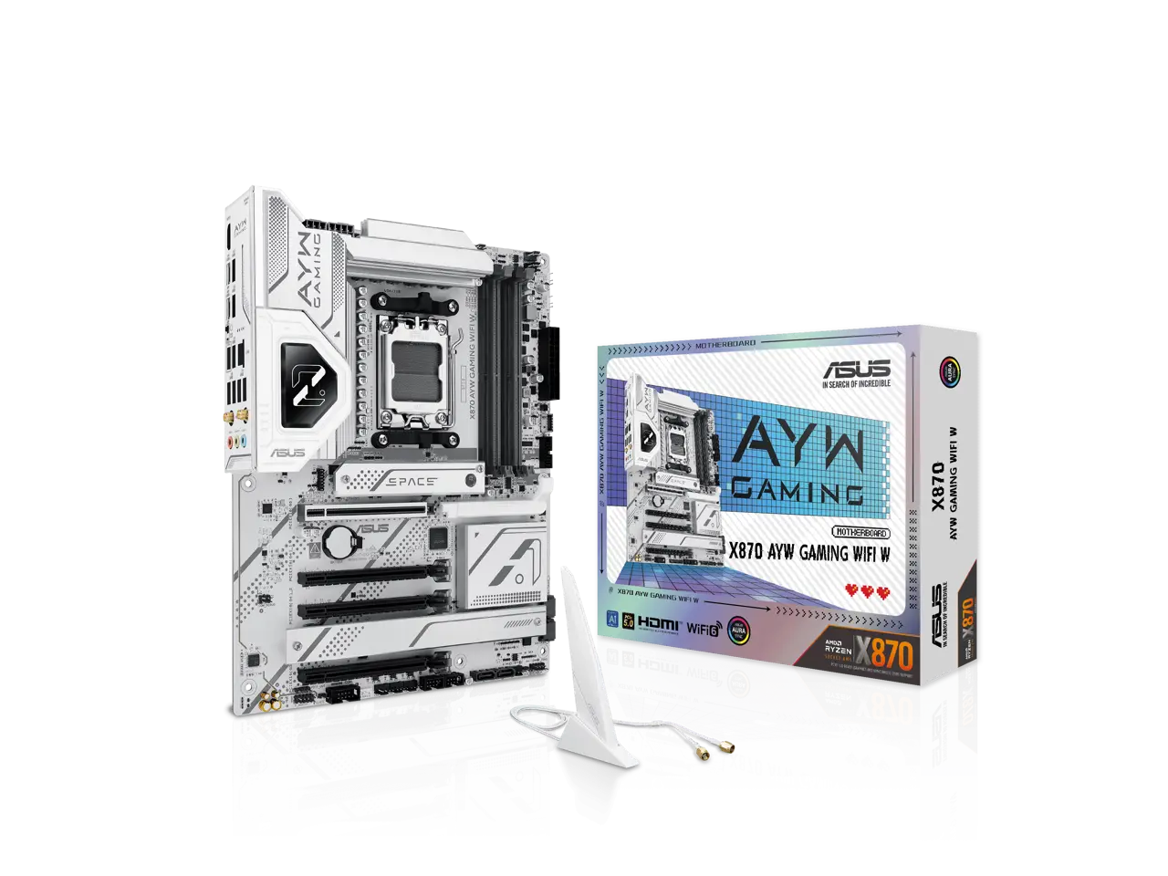 ASUS X870 AYW GAMING WIFI W AMD X870 AM5 ATX motherboard, 12+2+1 80A DrMOS power stages, DDR5, PCIe 5.0 Ready, PCIe 5.0 x16, 3x M.2, Wi-Fi 6, 2.5Gb LAN, HDMI, USB4, USB 20Gbps Type-C, Aura Sync