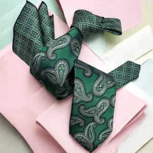 DMITRY 7-Fold Men's Green (2 in 1) Patterned Italian Silk Tie & Pocket Square Set (Limited Edition)