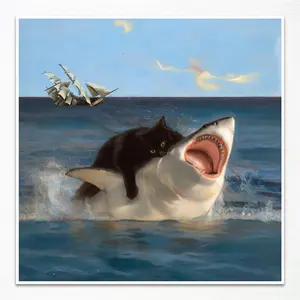 An amusing Renaissance-style cartoon featuring "fat cat fighting shark", a black cat riding a shark canvas art piece, a quirky sea adventure cat wall decoration, suitable for living rooms, bathrooms, and households.