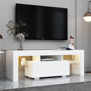 LED White TV Stand for 60 Inch TV Stand, 60 Inch TV Stand for 55+ 50 Inch TV, Small TV Stand for Bedroom Living Room, Modern Entertainment Center with Storage, TV Console Table 65 Inch TV
