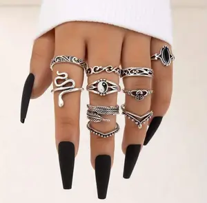 Silver Snake Ring Set - 10 Piece, Women's Silver Rings, Snake Ring, Women's Occult Rings, Black Gem Ring