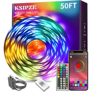 KSIPZE Led Lights for Bedroom 48ft Led Strip Lights with Remote RGB Color Changing Music Sync Bluetooth Smart App Control for Room Bedroom Lighting Flexible Home Décor