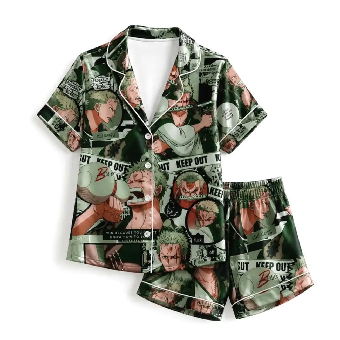 Green Anime Swordsman Manga Collage Satin Pajamas Comic Graphic Sleepwear Lounge Set