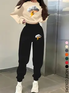 New Creative Simple Thunder Lightning Print Letter Printed Sweatshirt Set, Long Sleeve Round Neck Pullover & Pants, Fashion Women's, Fall outfit
