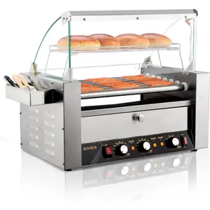 ROVSUN 12/18 Hot Dog 5/7 Roller, Hot Dog Roller Warmer Grill Cooker Machine w/Bun Warmer, Cover, Dual Temp Control, LED Light, Removable Shelf & Drip Tray for Party Home Commercial 1200W ETL Certified