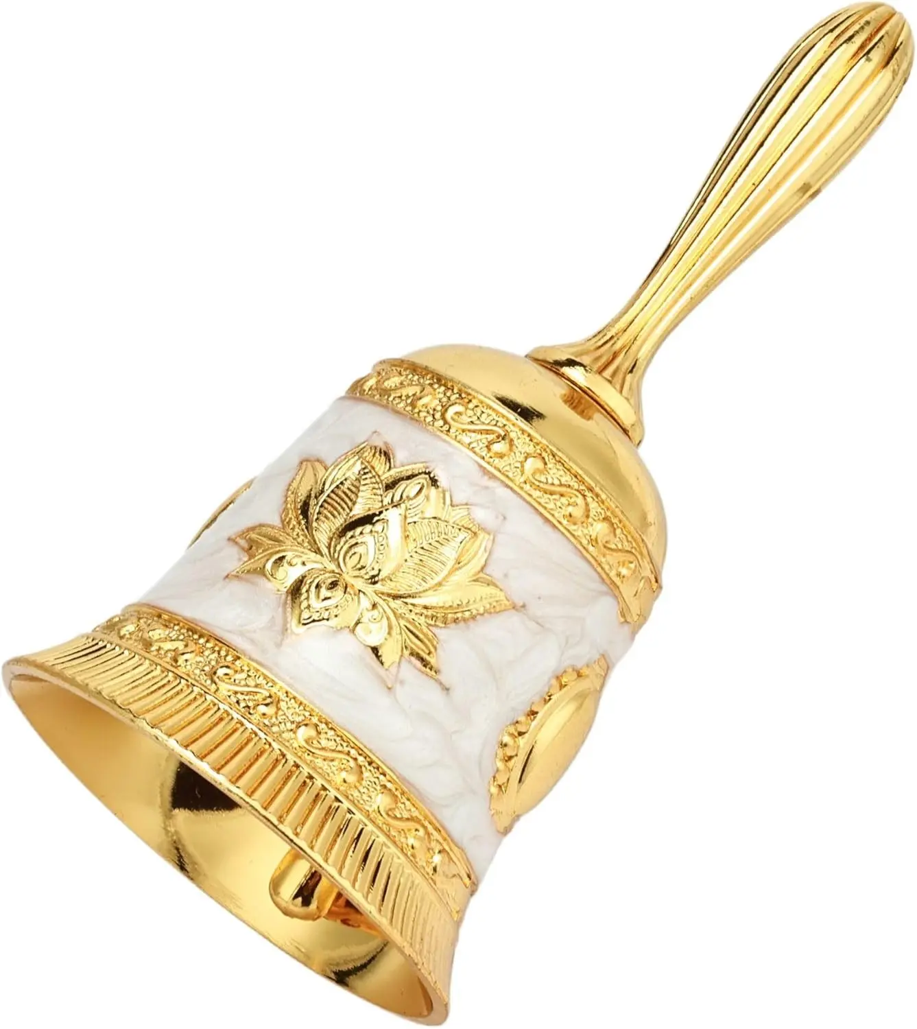 Super Loud Solid Brass Hand Call Bell, Vintage Polished Lotus Handbell for Wedding, Classroom, Bedside, Table Bell,Dinner, Service, Meditation & Pet Training, (Gold & White) Hand Bell