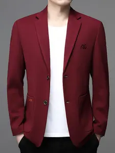 Men's Korean Style Slim Fit Embroidered Notch Lapel Single Jacket, Casual Textured Suit Coat for All Seasons