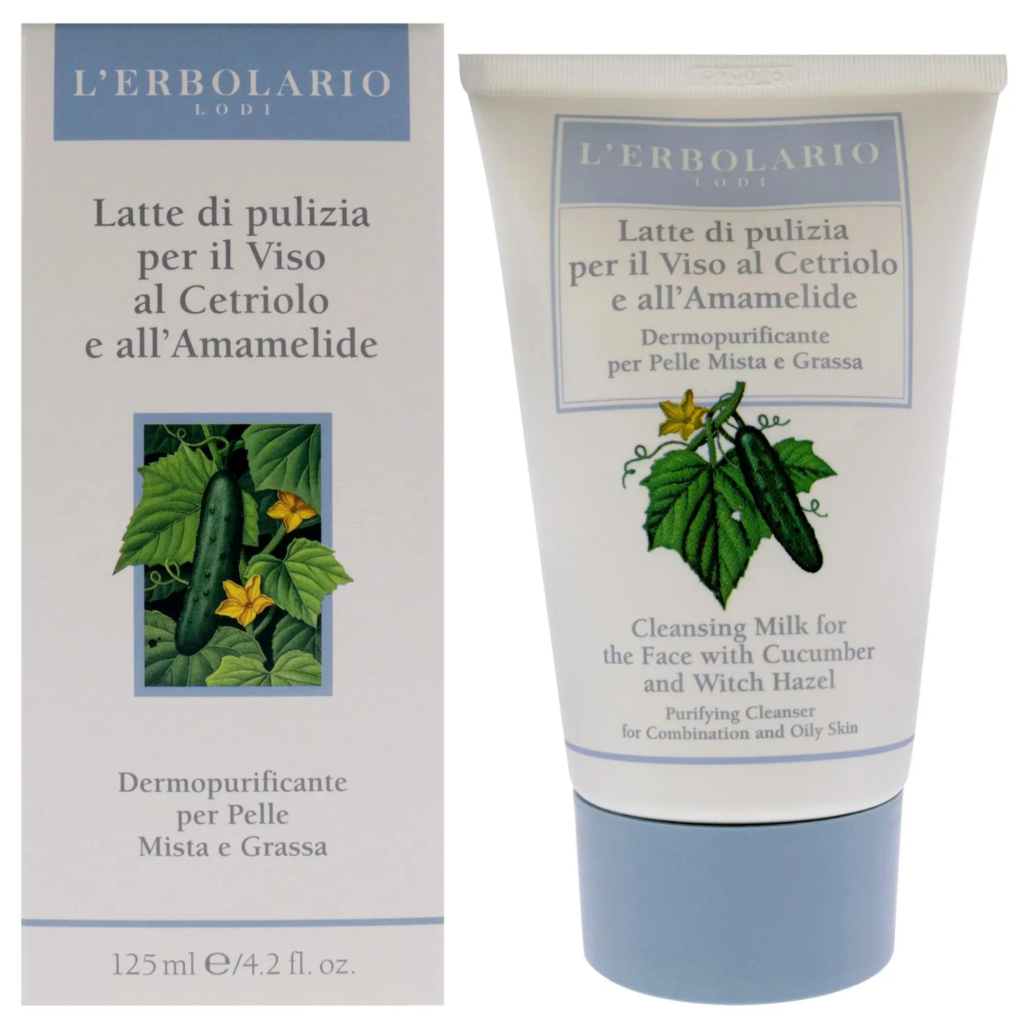 LErbolario Facial Cleansing Milk - Cucumber/Witch Hazel, Daily Cleanser for Women, Combination/Oily Skin, 4.2oz, Dermapurifying