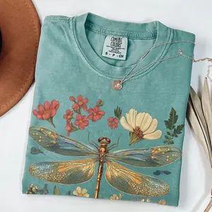 Comfort Colors Vintage Botanical Tee, Dragonfly & Pressed Flowers on TShirt, Hobo Teem Gift for Her