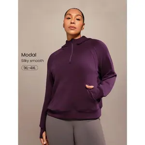 GLOWMODE Modal Plus Size Silky-Smooth Oversized Long Sleeve Half-Zip Pocket Thumbholes Hoodie Sweatshirt Daily Casual