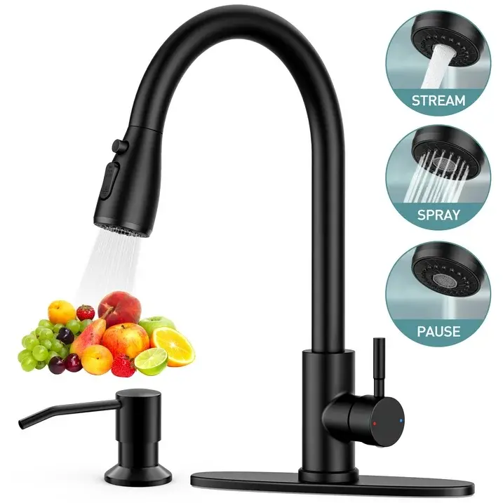 Kitchen Faucet with Soap Dispenser, Kitchen Sink Faucet with Pull Down Sprayer & Deck Plate, 3 Modes & SUS304 Stainless Steel,High Arc Single Handle Kitchen Faucet w Water Lines,Matte Black