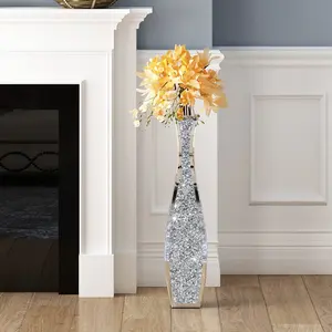 SHYFOY 36" Tall Crushed Diamond Floor Vase Silver Mirrored Tall Vases for Floor Large Crystal Decorative Glass Standing Vase