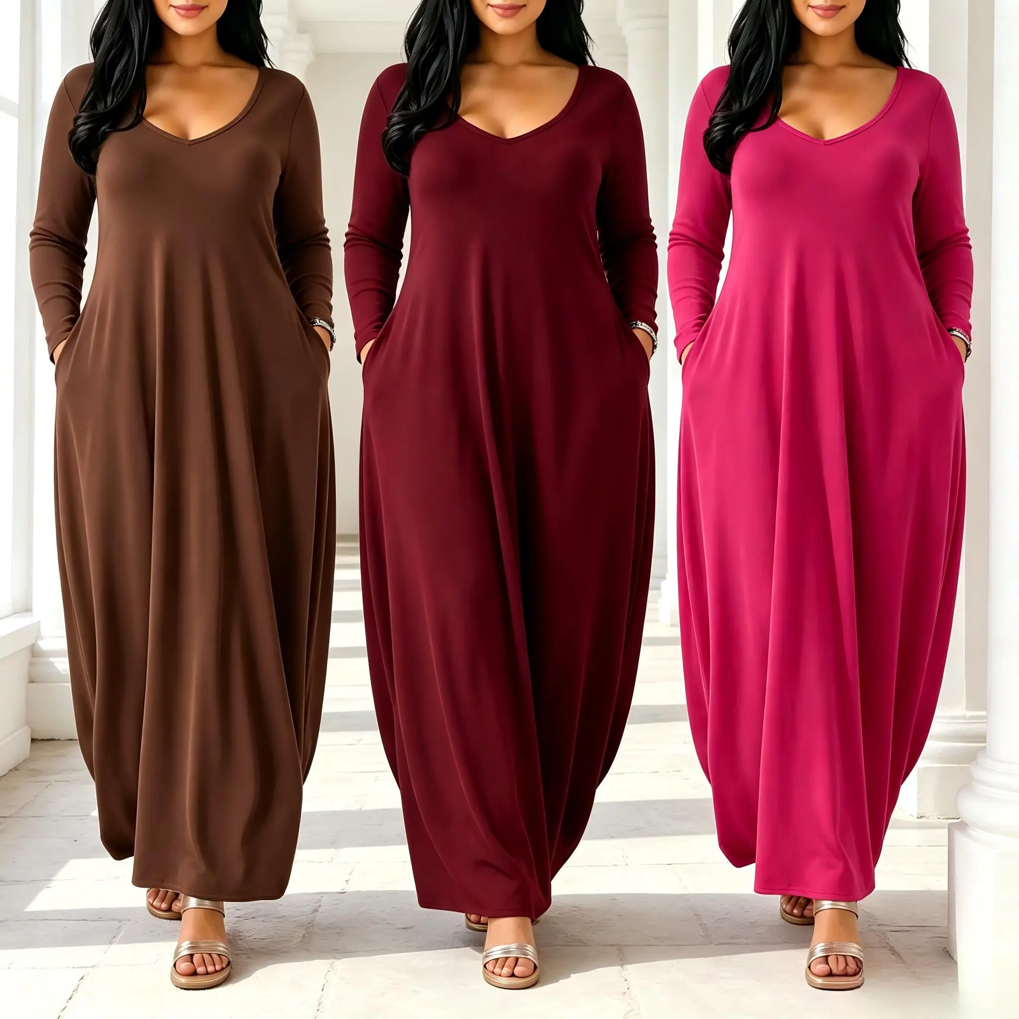 Women's Coffee Long Nightdress - Casual Fitted, Large Round Neck, Long Sleeve, Pockets, Soft Fabric, All Seasons Casual Wear, Machine Wash Loungewear Sleepwear,sohochic
