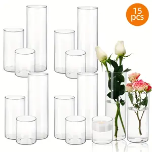 Superlele 15 Pieces Glass Cylindrical Vase Hurricane, 3 Different Sizes (4 Inches/8 Inches/12 Inches High), Candlestick Transparent, High Transparent Vase, Suitable for Wedding and Christmas Centerpiece Decoration, glass Vase, Great Gift for Home Decorati