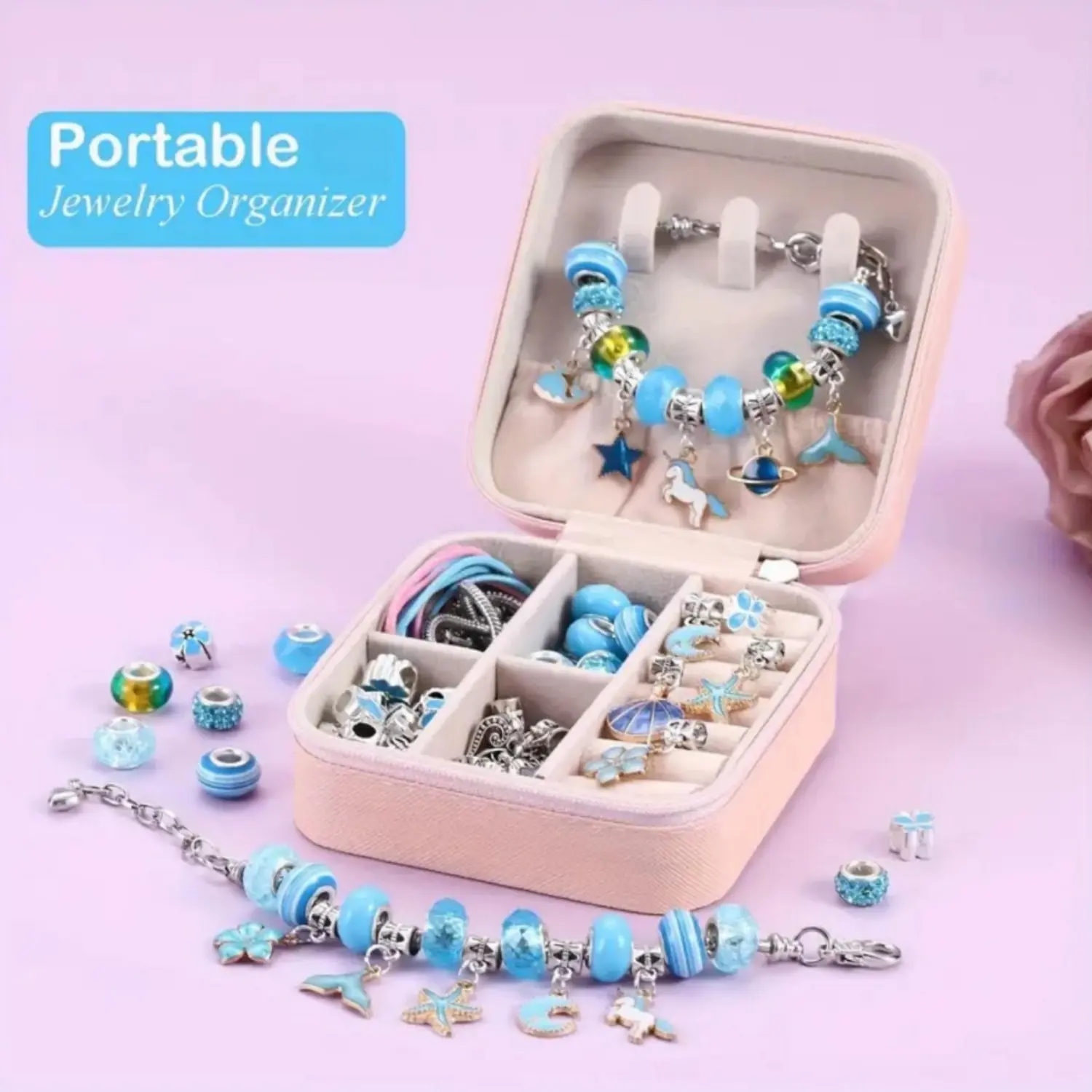 Charm Bracelet Making Kit for Girls, 68-Piece DIY Beaded Jewelry Craft with Unicorn & Ocean Charms, Adjustable Bracelets & Organizer Gift Box, Adjustable Beaded Design