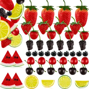 50 Pieces Artificial Fake Plastic Fruit Set Including Strawberries Cherries Mulberries Watermelon Slices Blueberries Lemon Slices for Home Kitchen Decoration Photography Prop Party Cake Crafts